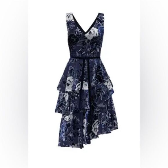 Marchesa Navy Blue Floral Velvet Textured Tiered Cocktail Midi Dress | Size 4 - Picture 10 of 13